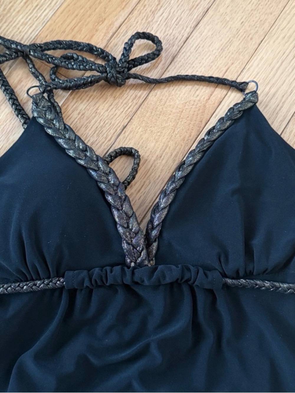 Guess Black Halter Mini Dress | Gold Trim | Backless Empire Waist | Size S - Picture 2 of 5